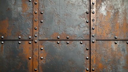 Fototapeta premium Metal panel wall with rivets, dents, and rust patches, realistic texture