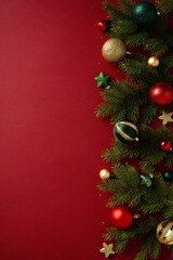 Festive Christmas Tree Decorations: Red backdrop with a Christmas tree adorned with green, red, and gold baubles, lights, and ornaments. Perfect for holiday season designs and greetings