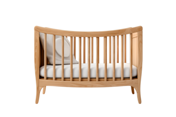 wooden baby crib, curved design, white cushions, minimalist style, clean background, cozy and inviting atmosphere, modern nursery furniture, natural wood finish
