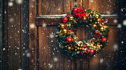 A Stunningly Festive Christmas Wreath Decorated with Ornaments and Lights on a Rustic Door in a Winter Wonderland