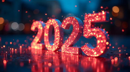 2025 new year celebration with colorful bokeh lights and sparkling background