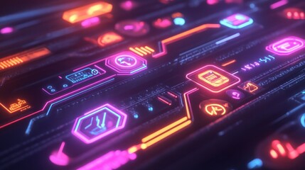 Futuristic neon interface with glowing icons and circuit board design.