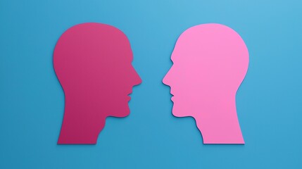 Two profile silhouettes in contrasting colors face each other against a blue background, symbolizing dialogue or duality.