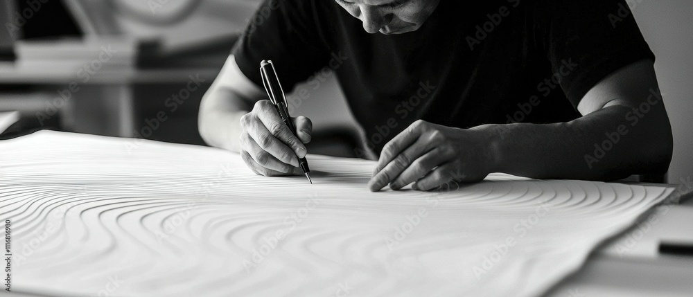 Poster graphic designer creating linear stripe patterns in studio environment artistic perspective