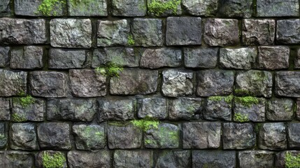 Obraz premium Stone brick wall with visible mortar and moss, realistic texture 