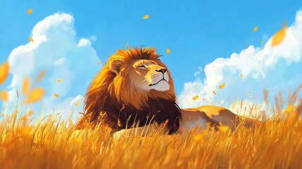 Fototapeta premium Majestic lion resting in golden savanna grass under a bright blue sky with fluffy clouds and falling leaves.