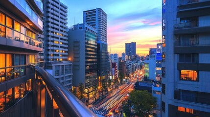 Obraz premium Vibrant sunset cityscape view from a balcony, overlooking a bustling city street with illuminated buildings at dusk.