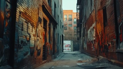 Fototapeta premium Urban alleyway with graffiti and a dumpster.