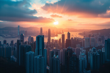 Fototapeta premium Cityscape at Dusk Highlighting Skyscrapers and Modern Architecture Under a Vibrant Sunset Sky in a Bustling City