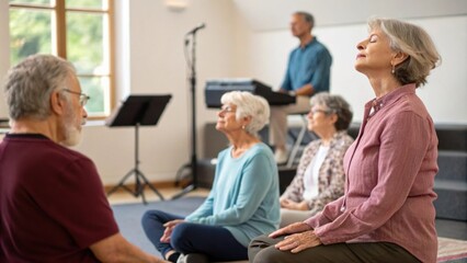 Obraz premium Attendees seated in a semicircle facing a speaker who is leading a meditation session. The seniors with serene expressions sit with their eyes closed some with hands resting on