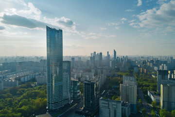 Fototapeta premium Cityscape of Skyscrapers Surrounded by Green Parks Showcasing Urban Growth, Development, and Modern Architecture