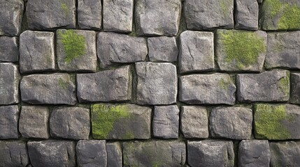 Naklejka premium Stone brick wall with rough texture and subtle moss growth, realistic surface 