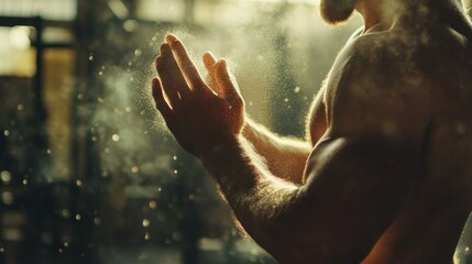 Fototapeta premium A muscular figure prepares for a workout, dust particles illuminated by light.