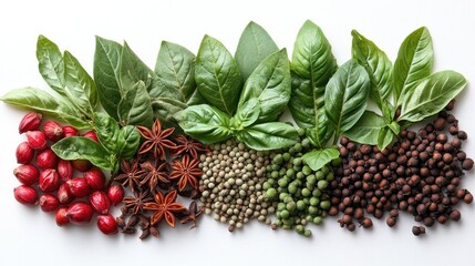  colorful arrangement of herbs and spices.
