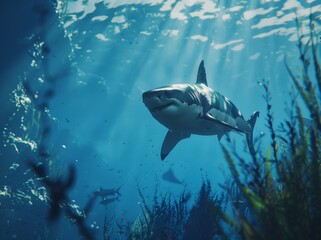 Fototapeta premium Great white shark and sun rays