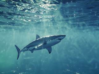 Fototapeta premium Great white shark and sun rays