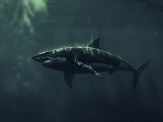 Fototapeta premium Great white shark and sun rays