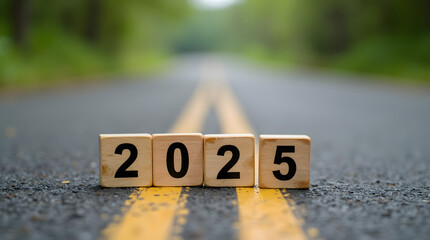 wooden blocks with words 2025 placed on a surface of road