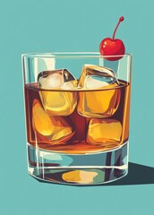 glass of whiskey and ice, illustration of old fashioned cocktail, whiskey and orange juice, ice cubes in glass, drink, garnished, with cherry, teal background, clean lines, bold colors