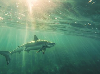 Fototapeta premium Great white shark and sun rays