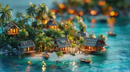 Obraz premium A vibrant miniature island village with palm trees and glowing houses by the water.