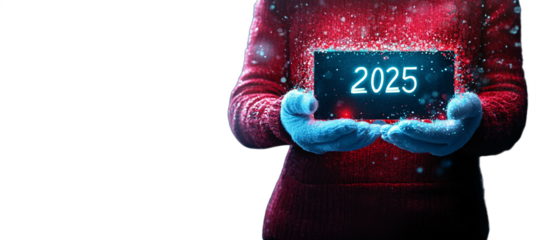 person holding a glowing box with "2025" on it, futuristic design, winter gloves, festive red sweater, sparkling effect, white background, digital art style