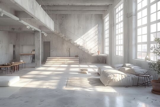 a realistic image of a small 25 square meter loft with a high ceiling with a clean minimalistic Scandinavian style