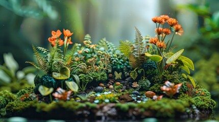 A lush, vibrant miniature garden with various plants and flowers in a serene setting.