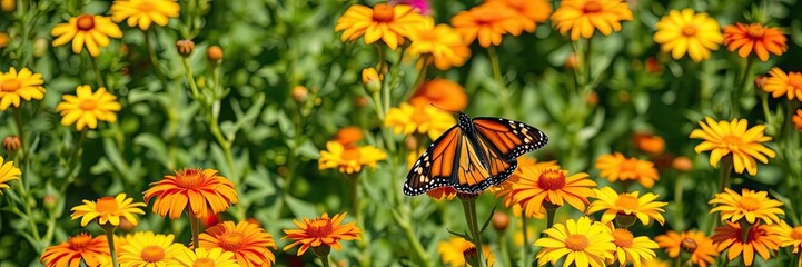 Obraz premium A pair of monarch butterflies perch on a bright orange marigold flower with yellow centers and dark green leaves their wings glistening in the sunlight, sunny, blooming