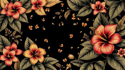 Fototapeta premium Black and gold hibiscus flowers with tropical leaves in a botanical style illustration, floral patterns, black and gold illustrations