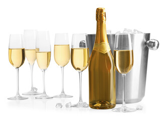 Champagne and bucket with ice isolated on white