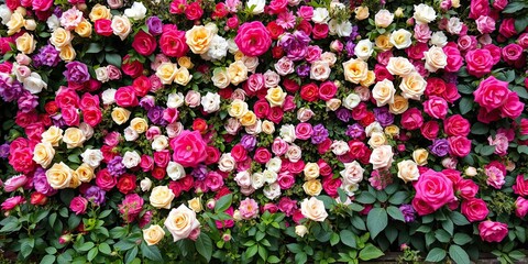 Fototapeta premium Exquisite rose and flower arrangement against a stunning backdrop of a lush greenery-filled flower wall featuring an assortment of colorful blooms, fragrant flowers, lush foliage