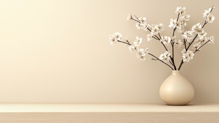 Beige vase with white blossom branches on wooden shelf against beige wall.