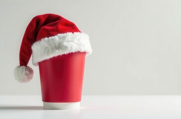 A festive red coffee cup topped with a Santa hat, set against a clean, light background with ample space for text or creative design elements.
