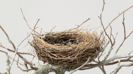 A natural bird's nest made of twigs and branches on a tree.