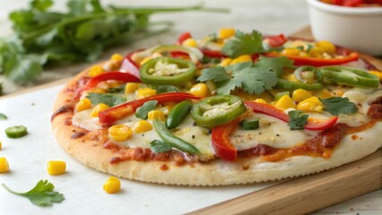 A small personalsized pizza showcases fresh seasonal ingredients. With a thin crust thats ly visible beneath vibrant toppings the pizza is covered in colorful bell pepper strips
