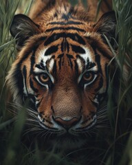 Fototapeta premium A close-up of a tiger's face among tall grass, showcasing its intense gaze.