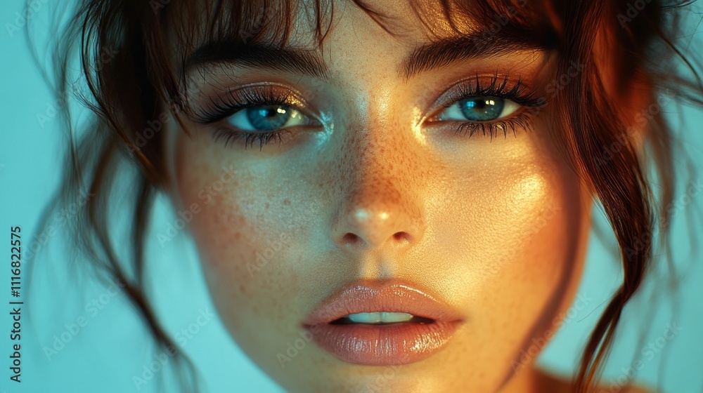 Poster a mesmerizing individual captivates with striking features, detailed freckles, and glowing skin. the