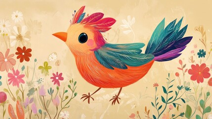 Obraz premium A Colorful Bird Amidst Blooming Flowers: A Whimsical Illustration