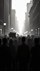 “Silhouette of a large crowd marching together, holding signs for equality and justice, evoking historic civil rights protests. The scene symbolizes unity, strength, and progress.”