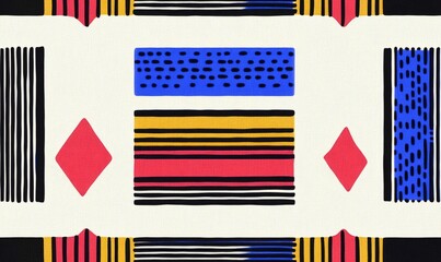 Seamless retro pattern, geometric bold minimalist, 1980s, square, lines, primary colors, red blue yellow, black and white, print, cloth print, fabric design, textile pattern, squares and diamonds