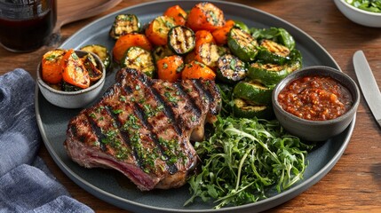 A grilled steak served with roasted vegetables and greens on a plate.