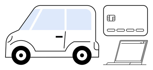 Car, credit card, and laptop combine transportation, finance, and technology themes. Ideal for online payment, e-commerce, car rental, digital transactions web services automotive industry travel