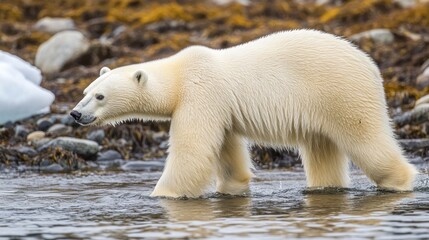 Fototapeta premium A polar bear walking through shallow water near rocky shorelines, showcasing its habitat.