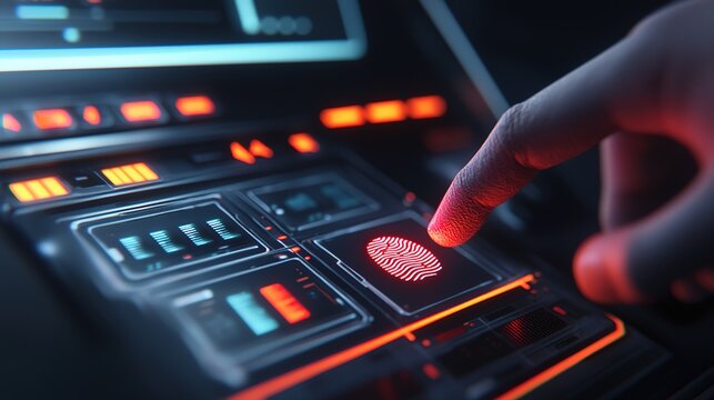 A futuristic interface featuring a finger pressing a fingerprint scanner, illuminated by vibrant lights, showcasing advanced technology in action.