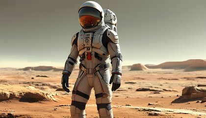 Human Achievement Depicted with an Astronaut Walking on Mars' Rocky Terrain, Highlighting Innovation in Space Exploration