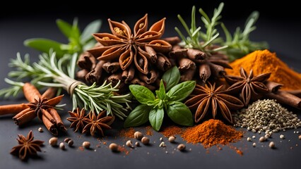 Aromatic herbs and spices arranged on a dark surface.