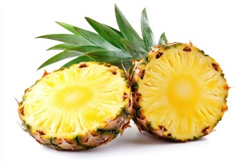 Pineapple slices and green leaves on a white background Overhead view