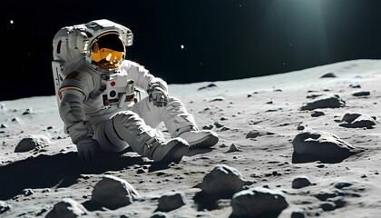 Lone Astronaut Sitting on the Moon's Surface, Reflecting in the Silence of Space with a Distant Planet in View