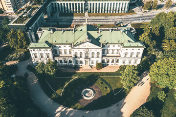 Krasinski Palace and National Library in Warsaw, Poland, view from above with green park